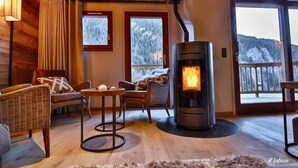 A cozy room with a fireplace, wooden walls, and a view of snowy mountains.