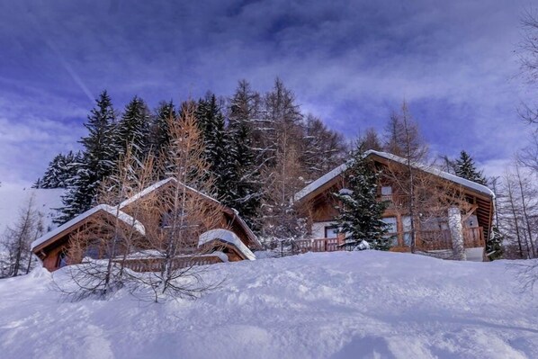 A wooden cabin with a sloped roof, surrounded by snow-covered trees and a clear sky.