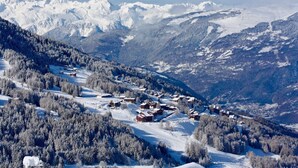 A snow-covered mountain village with traditional wooden houses and a clear view of the surrounding peaks. - Les Michailles 510 is a light, centrally located apartment for 8 (+2) people (Landry)