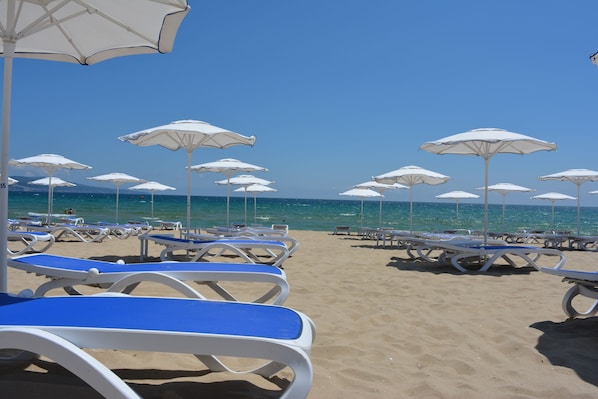 A beach with rows of sun loungers and umbrellas, a clear sky, and the ocean in the background.