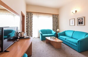 A modern living room with a teal sofa, a wooden coffee table, a TV, and a large window with patterned curtains.