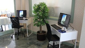 A workspace with two desks, each with a computer, a chair, and a potted plant.