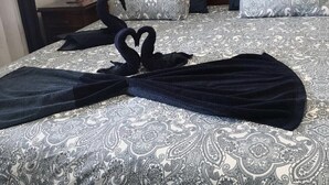 Un lit bien fait, avec une couvre-lit à motifs, deux oreillers et une serviette décorative en forme de cygne.