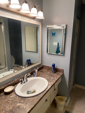Combined shower/bathtub, soap, toilet paper