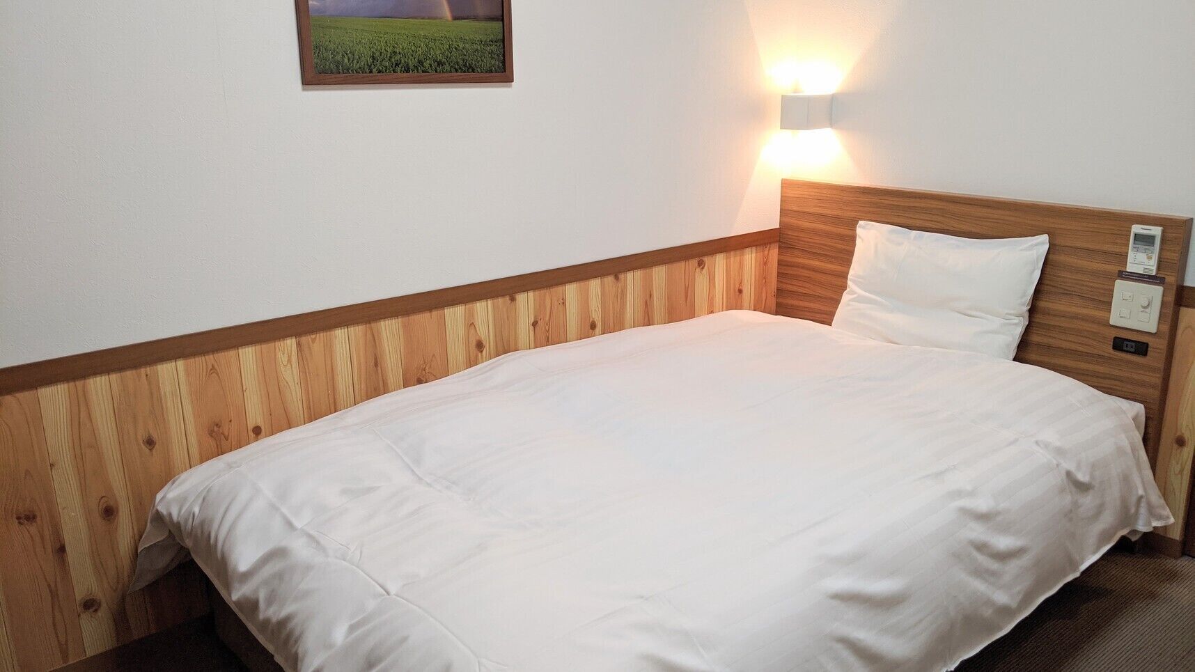 A single bed with a wooden headboard and a white mattress, a wall-mounted light, and a small framed picture of a field.