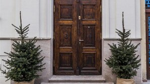 A hotel entrance with a double wooden door, a sign above the door, and two potted Christmas trees on either side. - No.23 Premium Aparthotel (Kraków)
