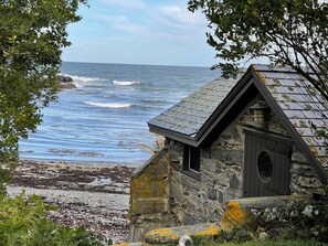 On the beach, sun-loungers, beach towels