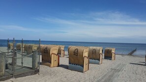 Beach chairs with numbers on them, a wooden fence, and the ocean in the background.