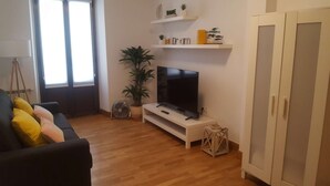 Un salon avec un téléviseur posé sur un meuble, un canapé avec des coussins, une plante en pot et une armoire.