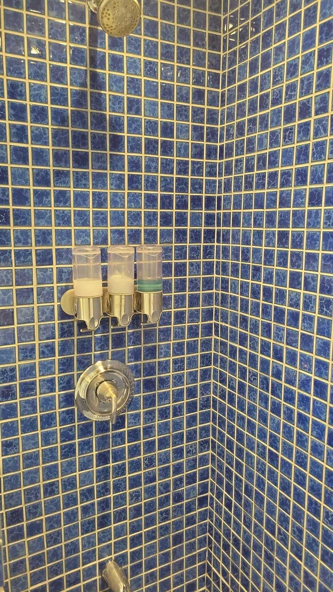 Una part d'un bany amb rajoles de mosaic blaves, un vàter de dutxa i dos dispensadors de sabó.