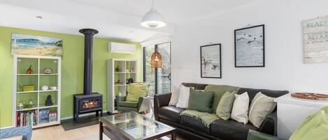 Televisie, een open haard en boeken