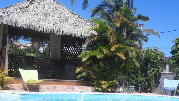 Zona de piscina con una estructura de techo de paja, palmeras y sillones de descanso.