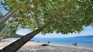 A beach with boats, palm trees, and a clear sky. - Baan Chao Lay (Koh Samui)