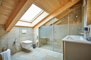 Panoramic Suite, 2 Bedrooms, Non Smoking, Mountain View | Bathroom | Shower, eco-friendly toiletries, hair dryer, towels - Bader Suites (Garmisch-Partenkirchen)