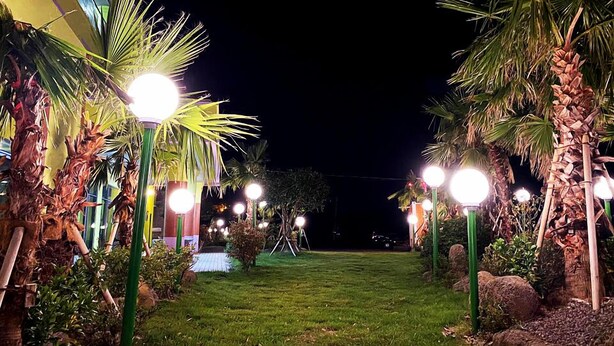 A nighttime outdoor pathway with palm trees and street lamps. - Sanbangsan Parktel - Hostel (Seogwipo)