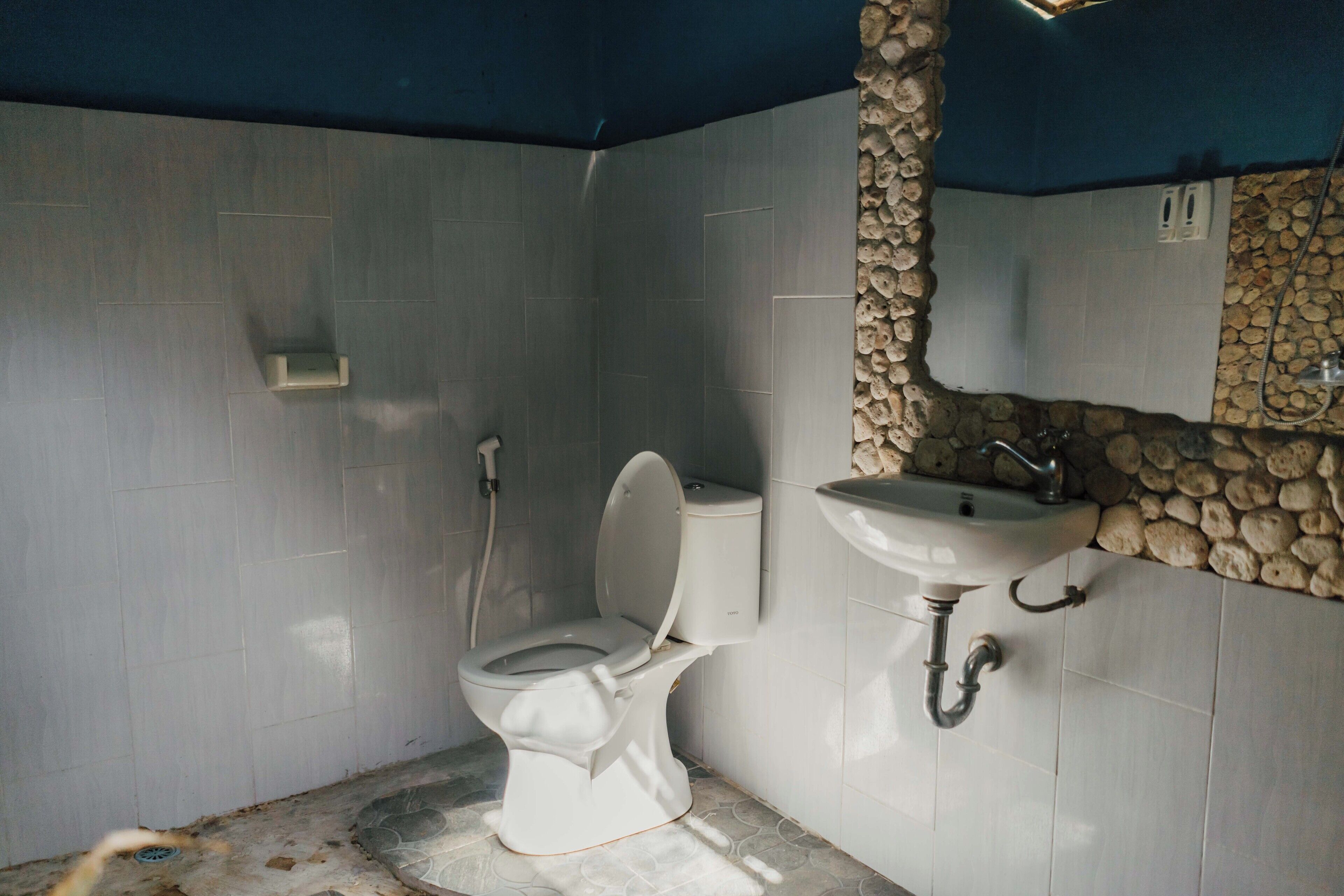 A bathroom with a toilet, sink, and stone wall.
