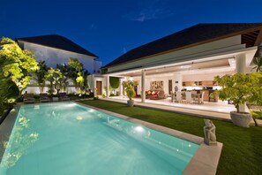 Outdoor pool, pool umbrellas, pool loungers