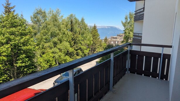 A balcony with a view of trees and a mountain.