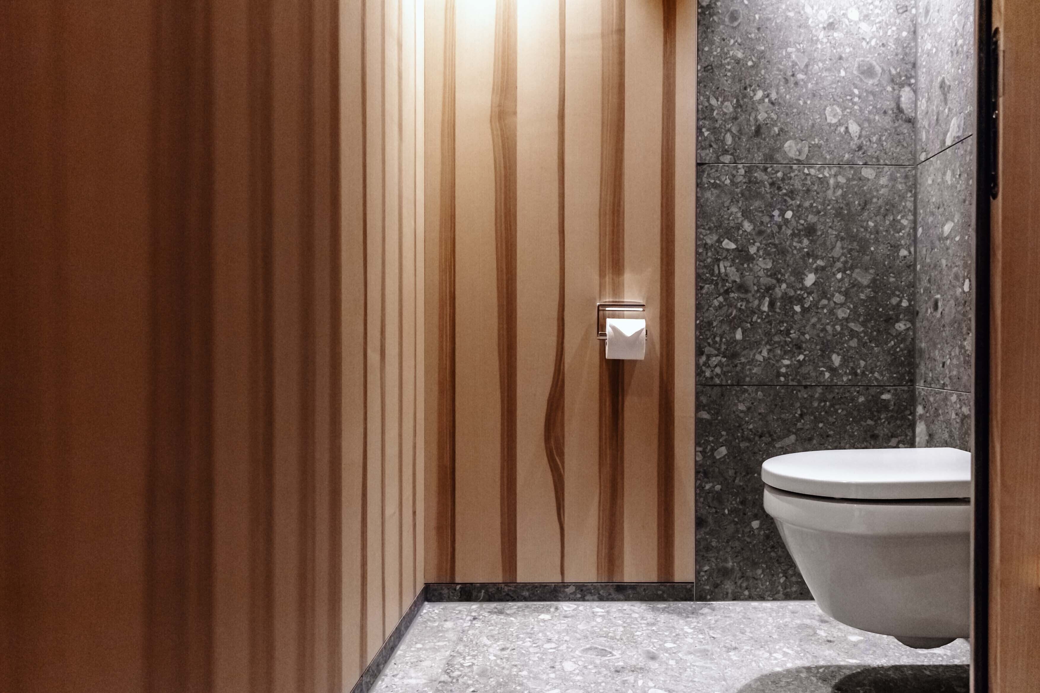 Ein modernes Badezimmer mit einem Holzwaschtisch, einer Marmorarbeitsfläche und einer Toilette.