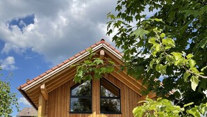 A modern wooden house with a sloped roof, large windows, and a well-maintained lawn.