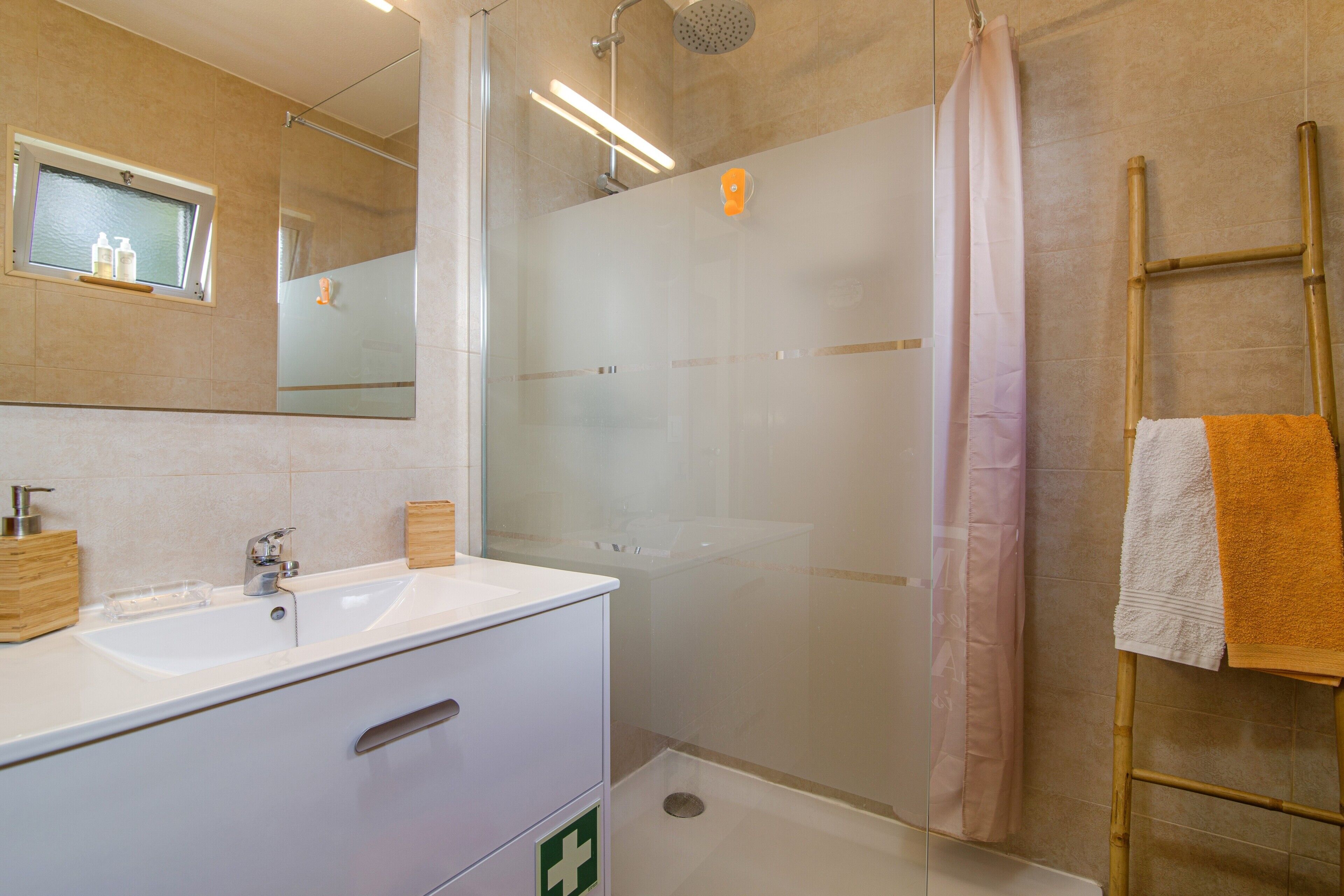 Shower, hair dryer, towels