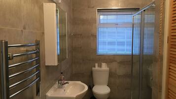 A bathroom with a glass shower enclosure, a white sink, and a toilet.