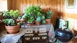 A wooden cabin interior with a table of potted plants, a vintage electrical panel, and a black grill.