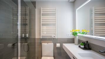 Shower, hair dryer, towels