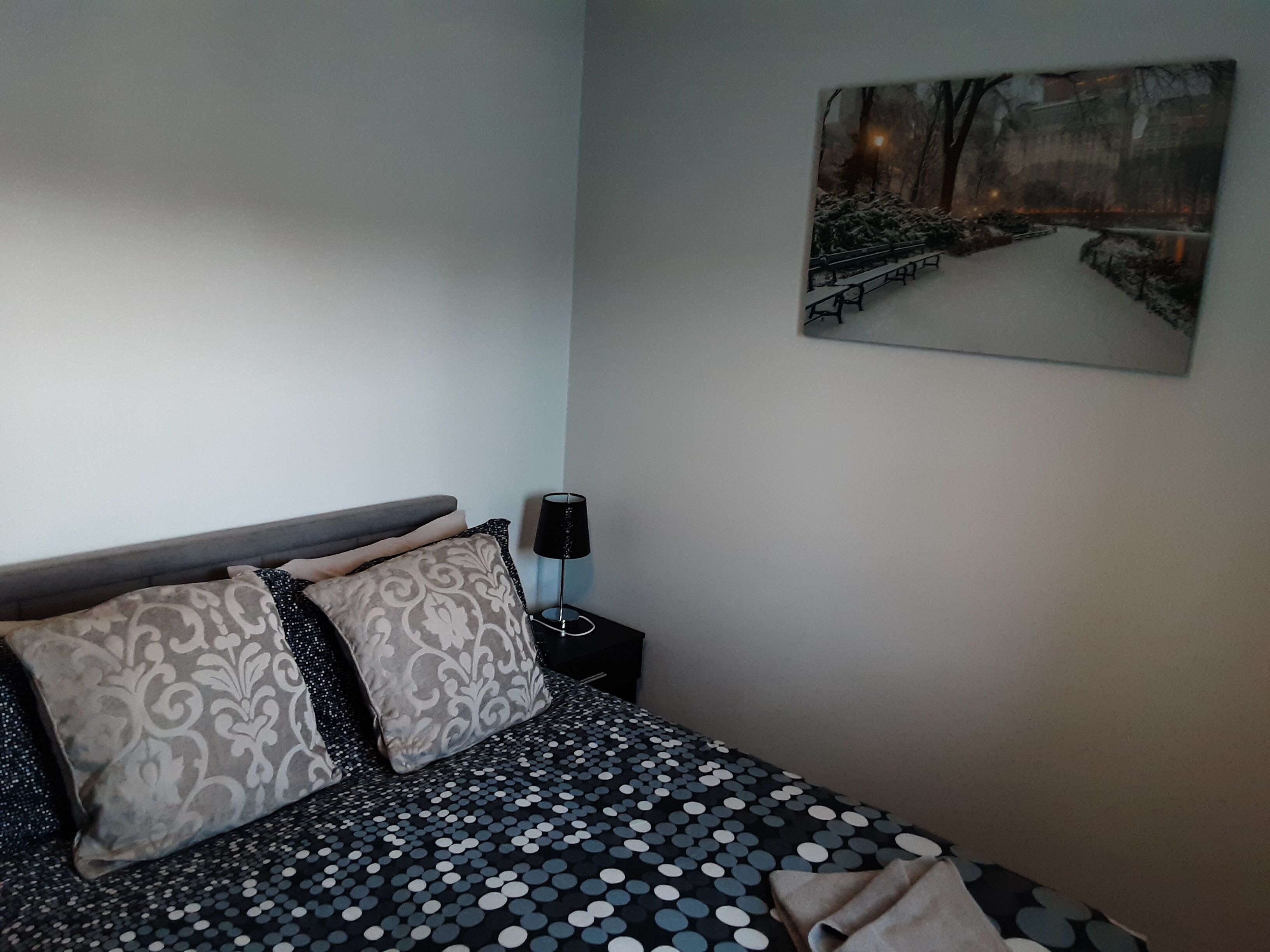 A bedroom with a bed, pillows, a nightstand, a lamp, and a wall-mounted artwork.