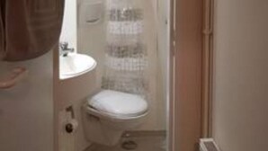 Une petite salle de bain avec des toilettes, un lavabo et un rideau de douche.