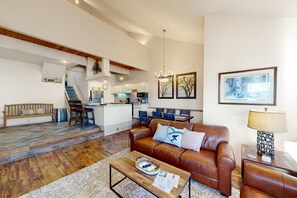 TV, fireplace, books