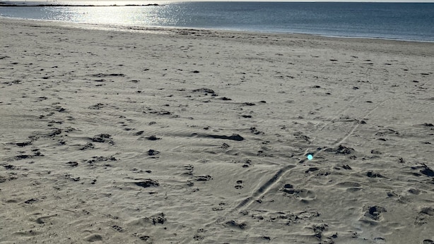 Une plage parsemée d'empreintes et un ciel dégagé.