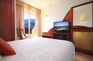 Habitación de hotel con cama, televisión, una silla y vistas al exterior.