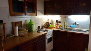 A kitchen with wooden cabinets, a stove, a sink, and various kitchen utensils. - Villa in Nature (Mozirje)