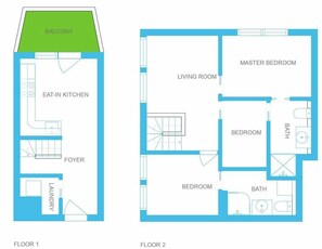 A floor plan of a two-story house with a balcony, an eat-in kitchen, a foyer, a laundry room, a master bedroom, a living room, and two bathrooms. - Rupicapra apartment, Skiing, Chamonix All Year (Chamonix)