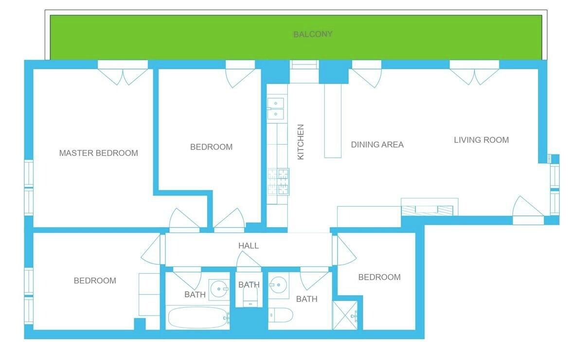 Grundriss mit Balkon, Schlafzimmer, zwei Schlafzimmern, Essbereich, Wohnzimmer, Küche und einer Diele mit drei Bädern.