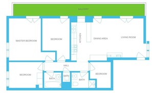 A floor plan with a balcony, master bedroom, two bedrooms, a dining area, living room, kitchen, and a hall with three bathrooms.
