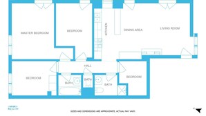 A floor plan of a hotel with a balcony, master bedroom, two bedrooms, a dining area, a living room, a kitchen, and two bathrooms.