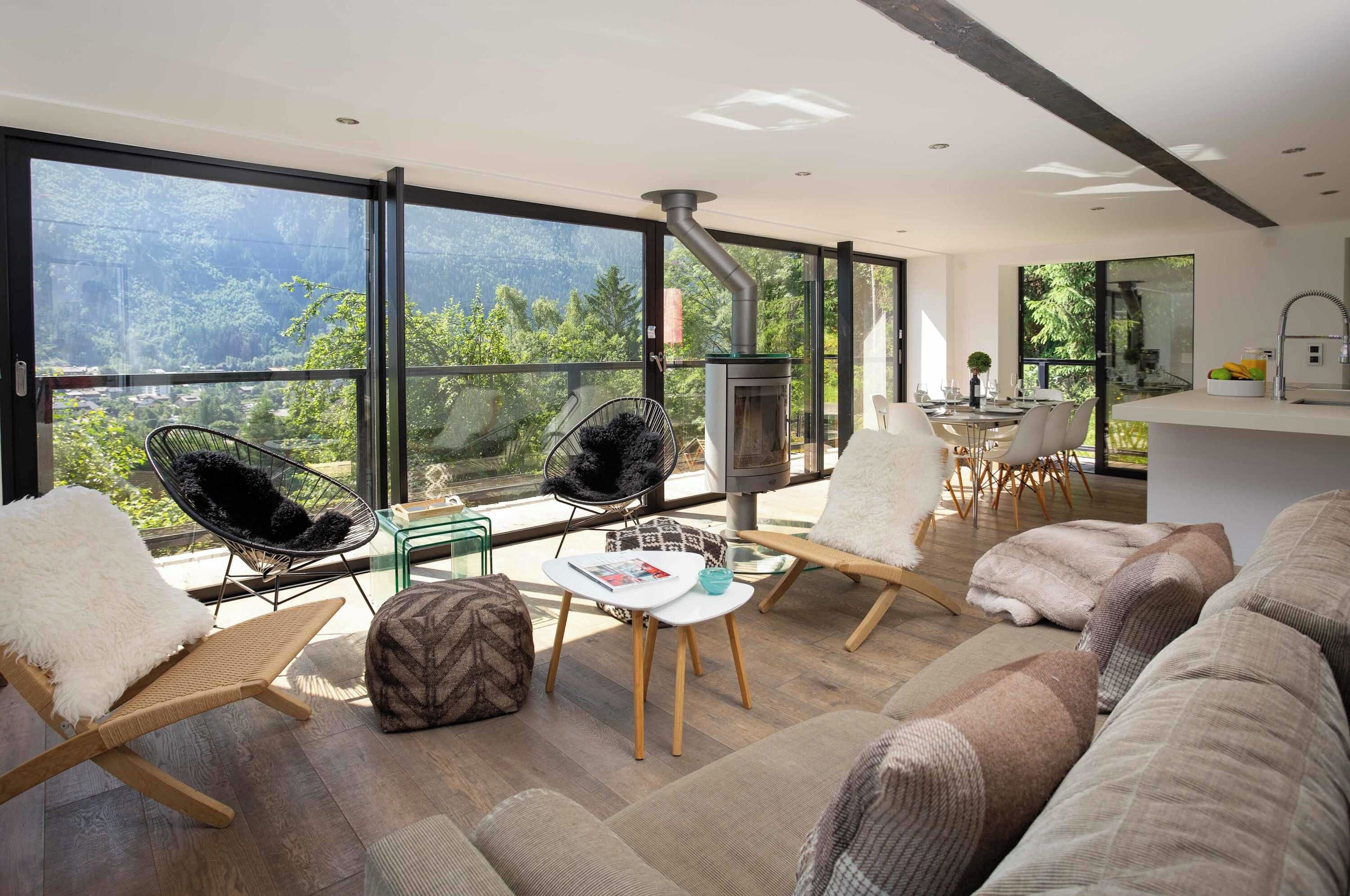Sunny living room with log fire