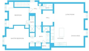 Un plan d’étage comprenant une chambre principale, deux couloirs, un salon, un coin repas et une cuisine.