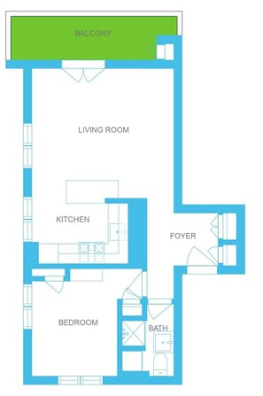 A floor plan with a balcony, living room, kitchen, bedroom, foyer, and bathroom. - La Saleina Apartment, Skiing, Chamonix All Year (Chamonix)