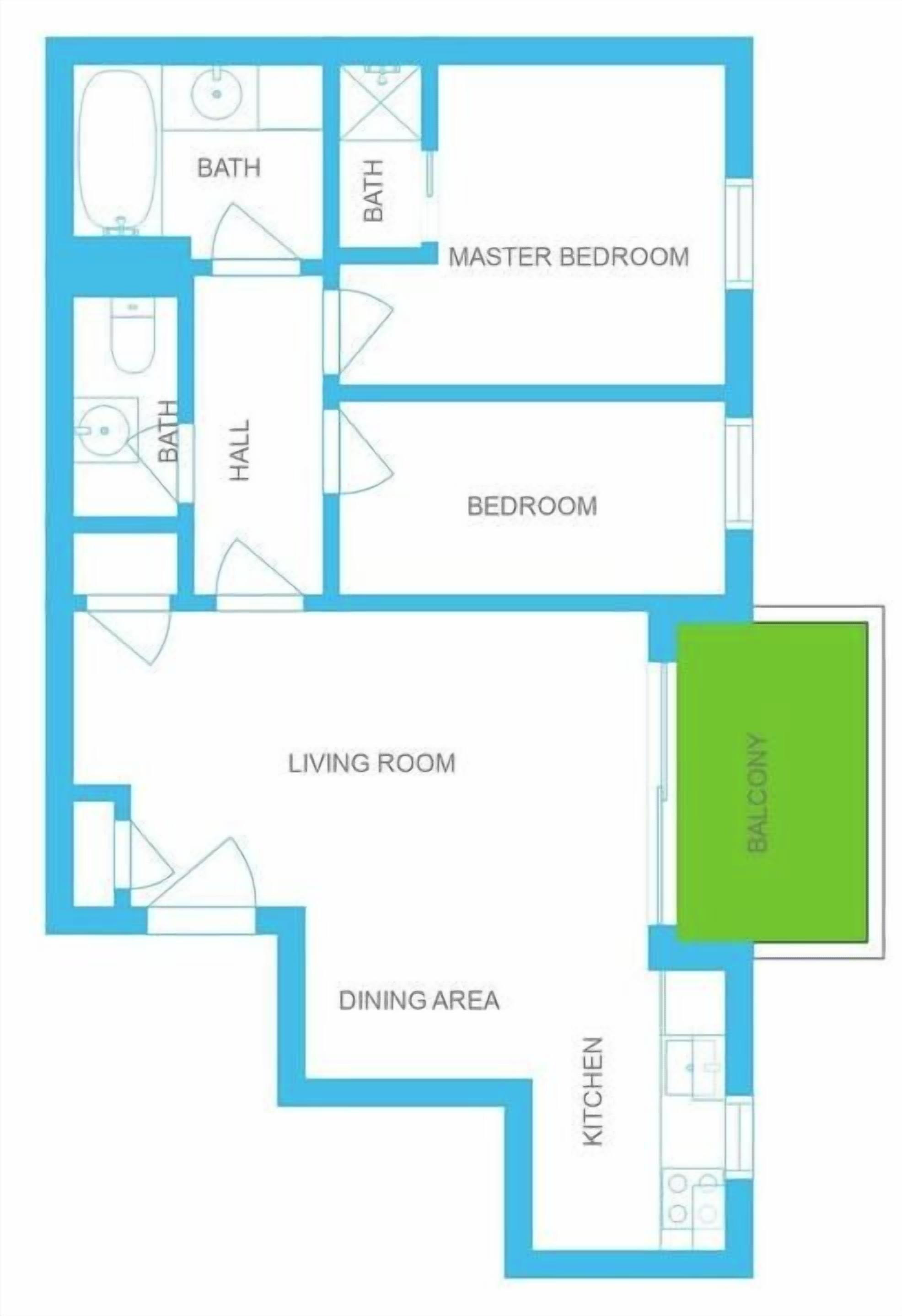 A floor plan with a master bedroom, two bathrooms, a living room, dining area, kitchen, and a balcony.