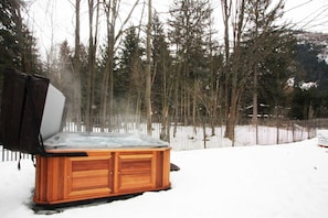 Un bain à remous installé dans un décor extérieur enneigé, avec une cabane en bois et une forêt en arrière-plan.