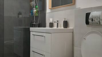 Douche, sèche-cheveux, chaussons, serviettes fournies