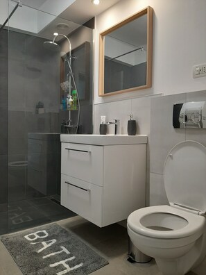 Douche, séchoir à cheveux, pantoufles, serviettes fournies