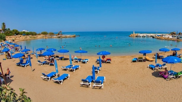 Una playa con numerosos sombrillas azules y tumbonas dispuestas en filas.