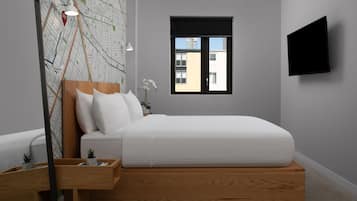 A modern bedroom with a wooden bed, a map wall, a small window, and a flat-screen TV.