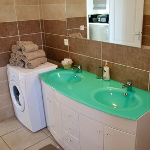 Bathroom features a large sink, washing machine, and a mirror above the sink.