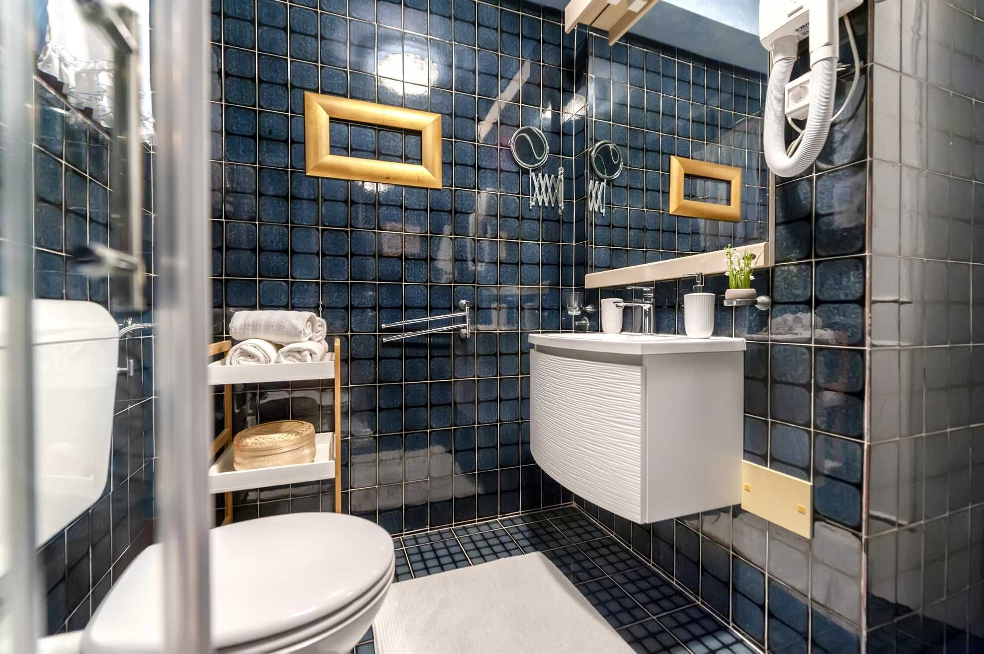 Un bany amb rajoles blau fosc, un vàter blanc, un lavabo amb mirall i un suport per a tovallons.