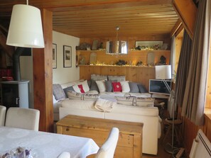 Télévision, cheminée, lecteur de DVD, livres